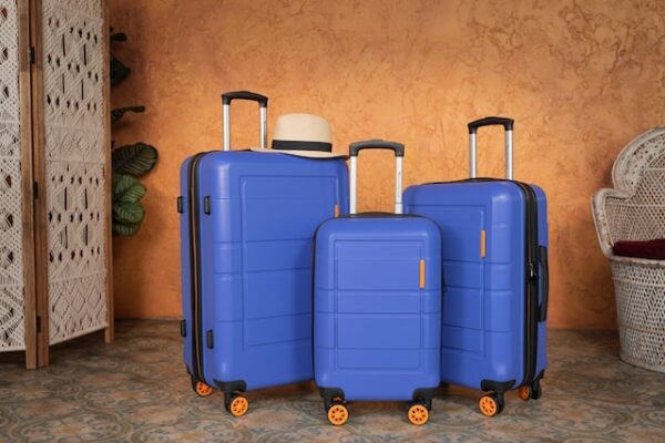 隣り合って座っている3つの青い荷物の写真