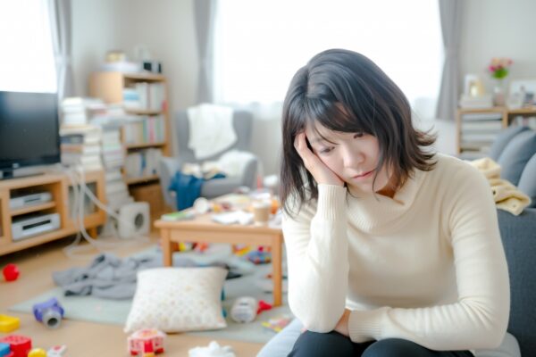 散らかった部屋を背景にしゃがんで頭を抱える女性